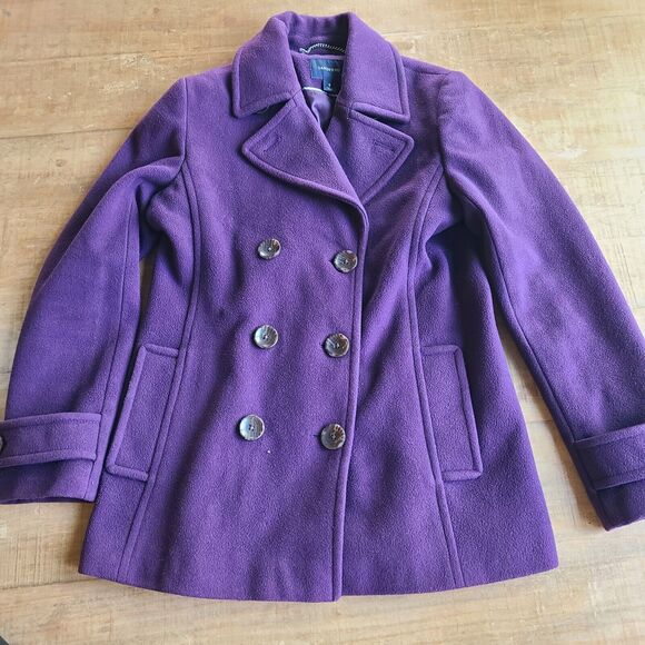 Lands End Pea Coat Womens 6 Purple Double-Breasted Wool‎ Cashmere Blend Winter - Picture 1 of 12